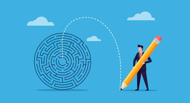 Man drawing shortcut through maze with pencil, symbolizing finding solution, overcoming challenge, and simplifying complex problem-solving.