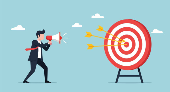 Business professional communicating clear goals to success with megaphone while golden arrows hit target center on blue background for corporate strategy concept.