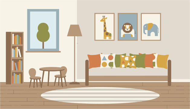 Bright children's bedroom with animal pictures, bed, and study area