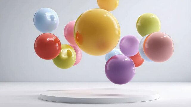Spheres of various colors move and hover over a white platform in a studio environment. The shapes shift and change position slowly.