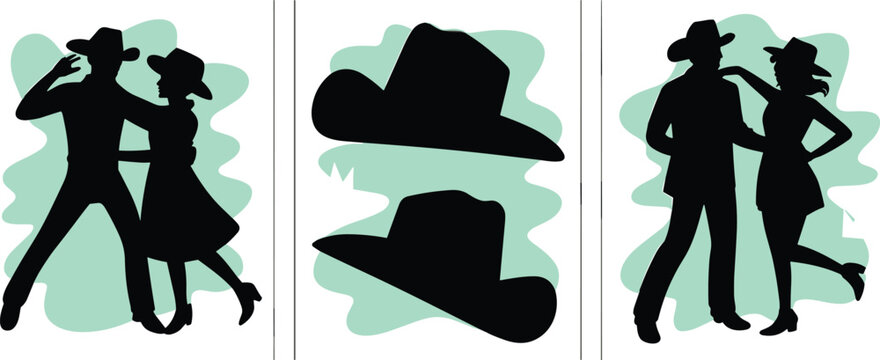 Silhouette of cowboy and cowgirl dancing, western hats, and country couple line dancing in wild west ranch lifestyle scene