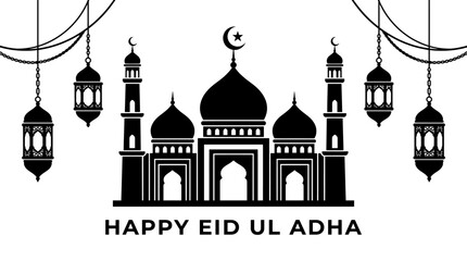 Eid Ul Adha, Islamic Mosque, Black Vector Illustration, Ramadan Mubarak Greeting isolated on White Background eps © MDBellal