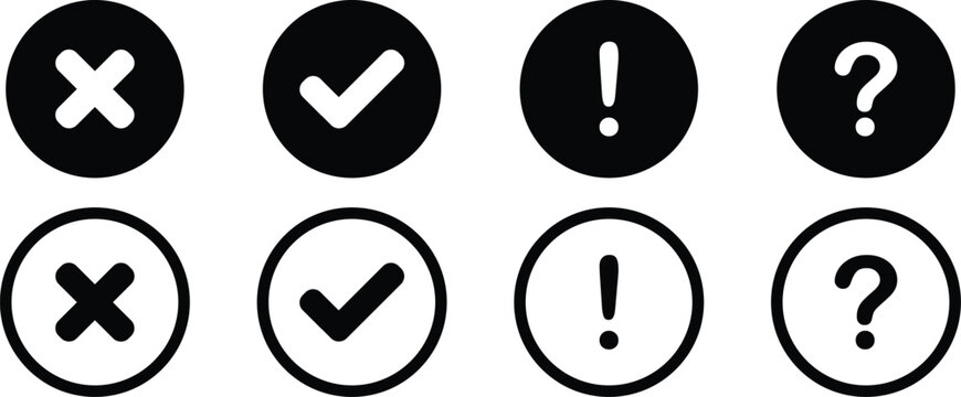 Black and white icons of checkmarks, crosses, exclamation marks, and question marks