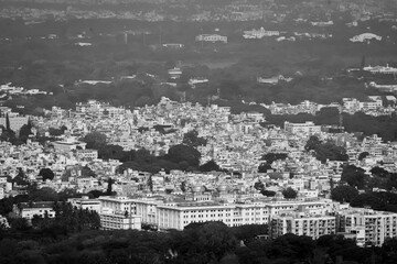 Fototapeta premium Mysore city aerial view, Mysuru aerial photography, Mysore drone shot, Mysore skyline, Mysore cityscape, Karnataka aerial view, Chamundi Hills view, Mysore Palace aerial, Amba Vilas Palace, royal city