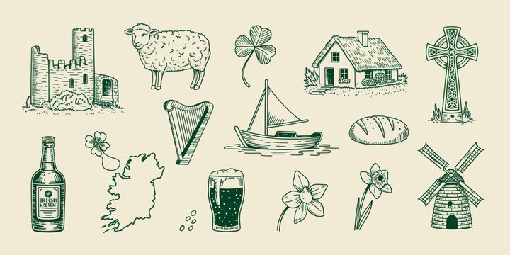 Set of handdrawn irish cultural symbols and landmarks outline sketch vector illustration