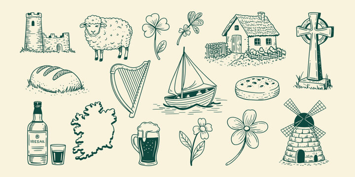 Hand drawn irish culture icons set outline sketch vector illustration