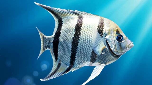 Freshwater angelfish with silver body and black vertical stripes swimming in deep blue water with sunbeams. Detailed side profile of a tropical cichlid with long fins.