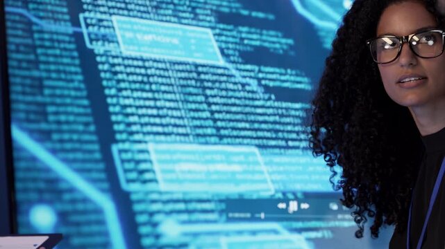 Technology experts analyzing encryption keys and AI coding security protocols on a digital screen to prevent infrastructure vulnerabilities.