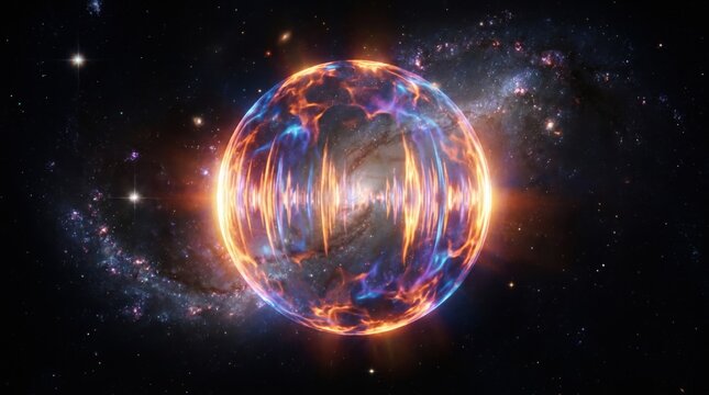 A vibrant, glowing orb with swirling blue and orange flames suspended in the vastness of a starry.