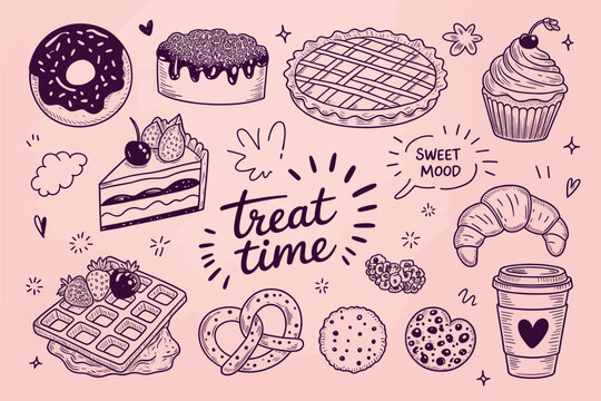 Doodle set of sweet desserts and pastries outline sketch vector illustration