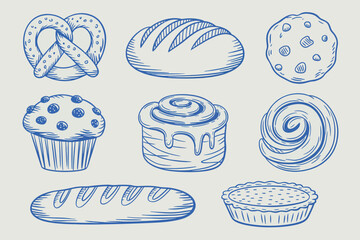 Handdrawn sketch illustration of various bakery items outline sketch vector illustration © Business Technology