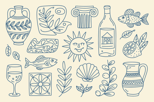 Mediterranean summer doodle icons set outline sketch vector illustration