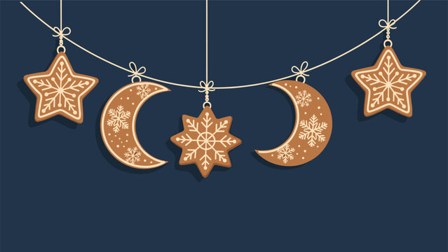 Festive holiday gingerbread cookies shaped like stars and moons hanging on strings against a dark blue background.