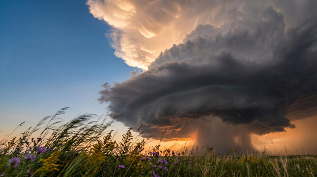 Supercell thunderstorm with swirling clouds and purple wildflowers  