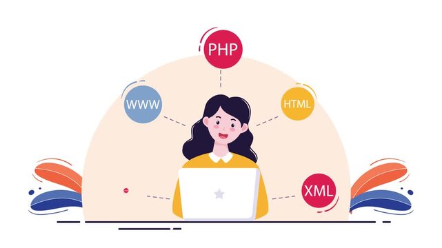 Full Stack Web Development and Programming Languages Animation: Female Developer with Floating PHP, HTML, JAVA, and XML Icons, Seamless Loop for Coding Education and Software Engineering.