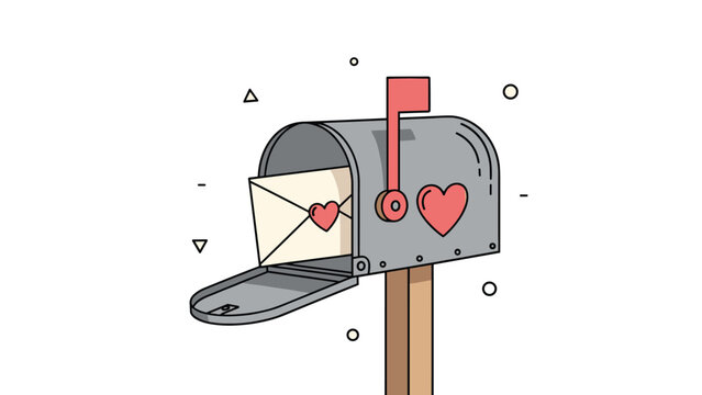 Open metal mailbox containing a romantic love letter with a heart seal and another red heart symbol on the side for valentines day.