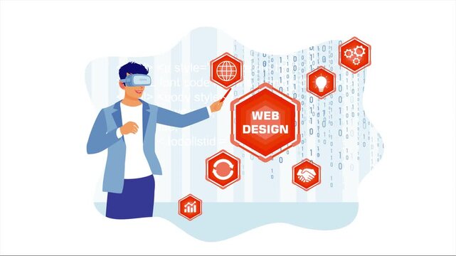 Immersive Web Development with VR Technology Animation: Developer in Virtual Reality Headset Interacting with HTML Code and UI Design Icons, Seamless Loop for Future Tech and Immersive UX.