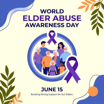 World elder abuse awareness day illustration with family and purple ribbon banner design