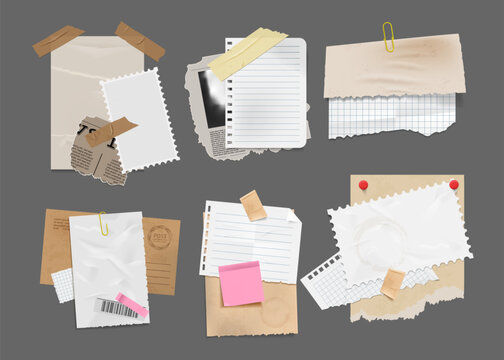 Old paper. Empty sheets and newspaper pieces composition. Vintage clip, sticky white torn for scrapbook or document. List grig, stationery for education. Vector collage elements collection