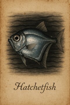 Antique pencil drawing of hatchetfish on aged parchment background