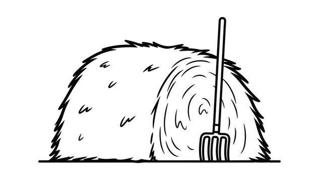 Large haystack with a pitchfork leaning against it represents a traditional farm harvest scene in a simple black and white line drawing.