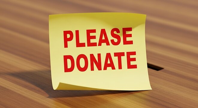 Please Donate message on yellow sticky note, charity fundraising concept on wooden background, donation request for non-profit organization