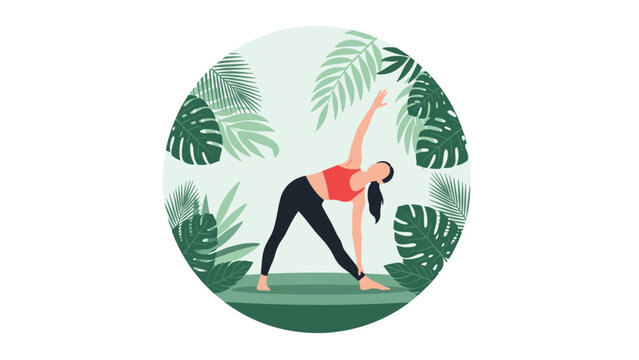 Yoga pose triangle asana is demonstrated by a woman surrounded by tropical monstera and palm leaves in a peaceful circular composition.