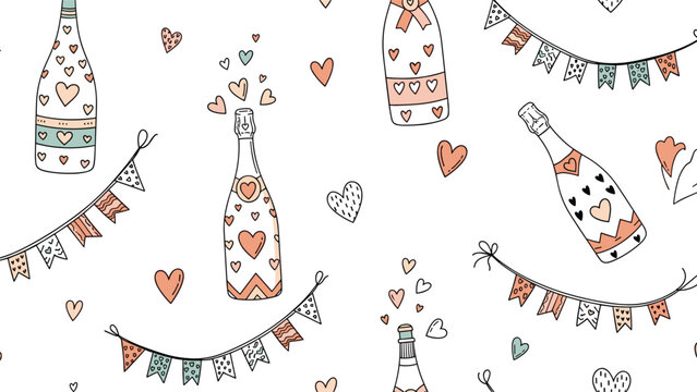 Champagne celebration seamless pattern includes decorated bottles with hearts and bunting banners on a clean white background for parties.