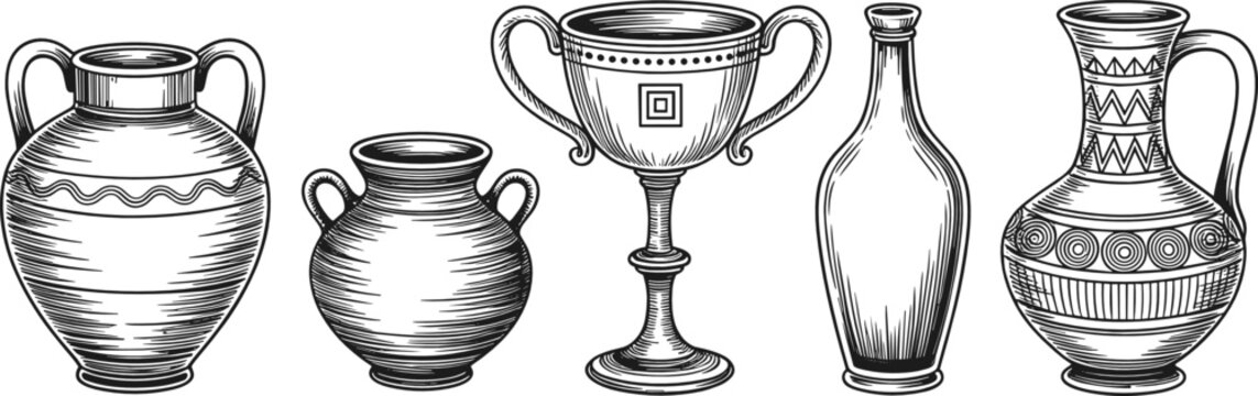 Ancient Greek Vase and Amphora Hand Drawn Vector Set with Vintage Roman Pottery, Ceramic Urns, and Goblet for History and Museum Graphic Designs