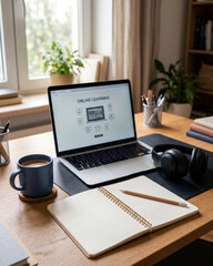Fototapeta premium Laptop displaying online learning resources sits on a wooden desk alongside a notebook, a blue ceramic mug, and professional headphones in a bright home office setting with ample copy space for text.