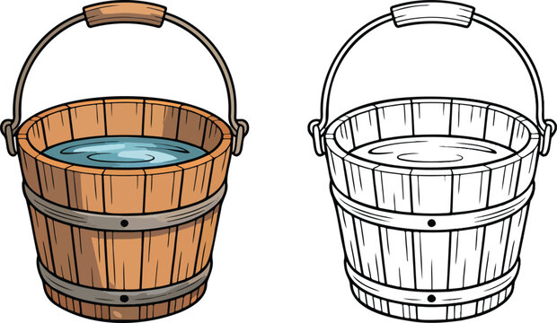 Wooden bucket illustration & outline set isolated on transparent background 
