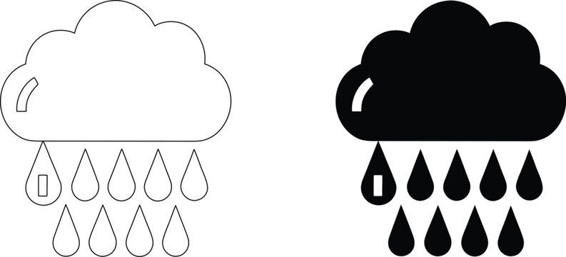 Rain cloud vector set black and outline, weather symbol with drops falling from sky.