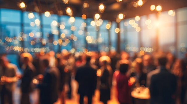 Blurry crowd gathering at indoor event with warm ambient lighting