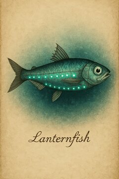 Deep sea lanternfish depicted in old zoological reference book style