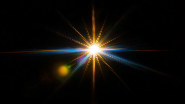 Bright starburst light effect with lens flare on black background