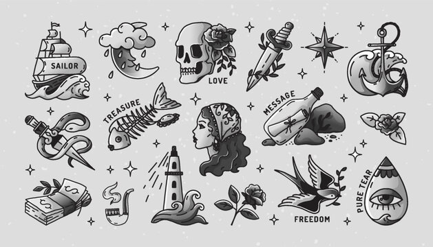 Traditional tattoo. Cartoon heart pattern, doodle rock sticker or black vintage flame collection. Trendy rose sketch, maritime symbols ship, anchor and lighthouse. Vector old school elements