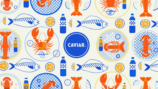 seamless pattern featuring lobsters fish citrus fruit and caviar in a flat colorful style