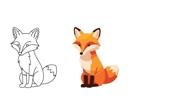 Visual guide showing the process from a simple line drawing to a fully colored illustration of a cute sitting fox.