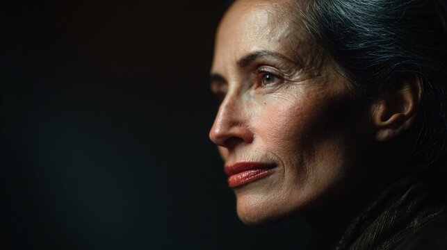 Close-up profile portrait of mature woman with dramatic lighting