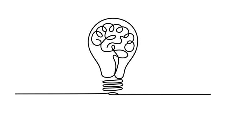Continuous single line drawing of a light bulb with a brain inside representing creative thinking and new ideas for business and education projects Vector, illustration