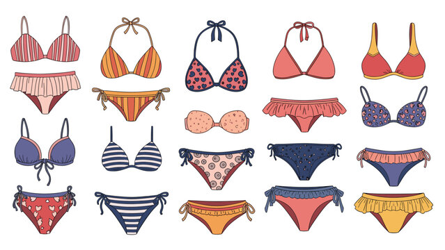Large set of various women's bikini tops and bottoms in different styles and patterns for summer beach fashion.
