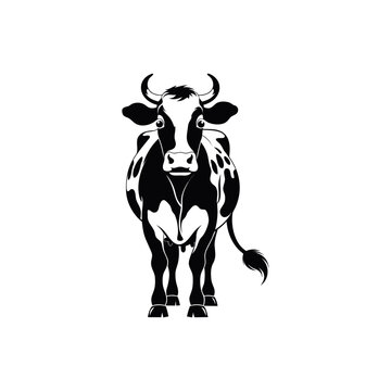Minimalist cow head icons, black and white cattle silhouettes, set of 6 livestock vector symbols for dairy farm branding and organic meat logos