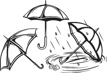 Umbrellas in the Rain: Illustrative graphic featuring three umbrellas, one upright and two overturned, amidst falling raindrops and a puddle, suggesting a scene of rainy weather. © Shadikul