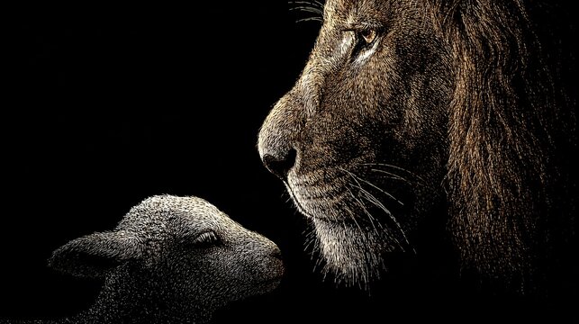 Close-Up Profile of Lion and Lamb Facing Each Other on Black Background