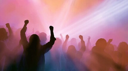 Fototapeta premium crowd silhouettes dancing in colorful stage lights for concert party festival music nightlife and celebration background concept