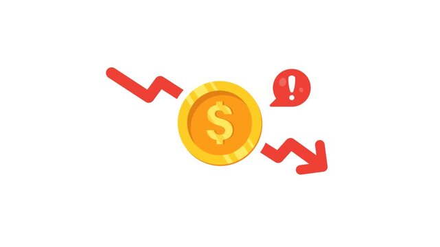 4K animation of Falling Dollar Coin With Red Downward Arrows and Alert Icon Representing Financial Loss