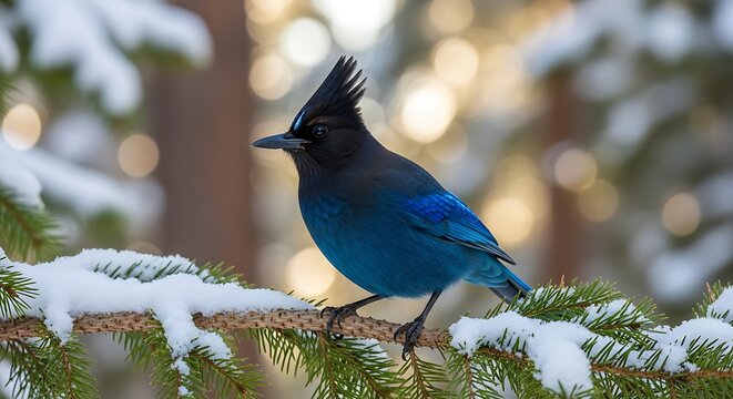 Stellers Jay perched on snowy branch.