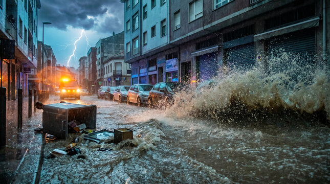 Flash flood sweeping through urban street with lightning in sky  