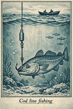 Classic atlas plate of cod underwater with hook, sinker, and fishermen