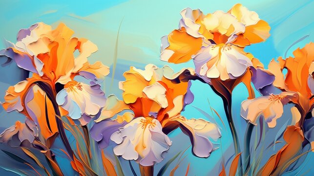 Vibrant impasto oil painting of orange and purple iris flowers against bright blue sky background.